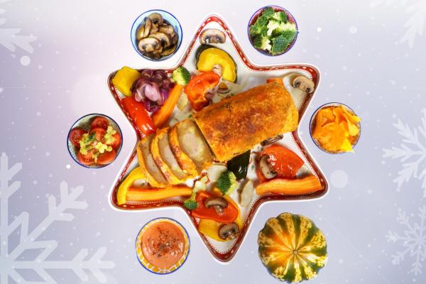 Knuspriger Chipsmantel für das Vegan-Festbratstück  Zartes Gemüse aus dem Ofen, feine Pilze und ein aussergewöhnlicher Mantel aus Paprika-Chips begleiten hier das vegane Festbratstück von Vegusto. Ein Festmahl, das schmeckt und auch rasch zubereitet ist.
